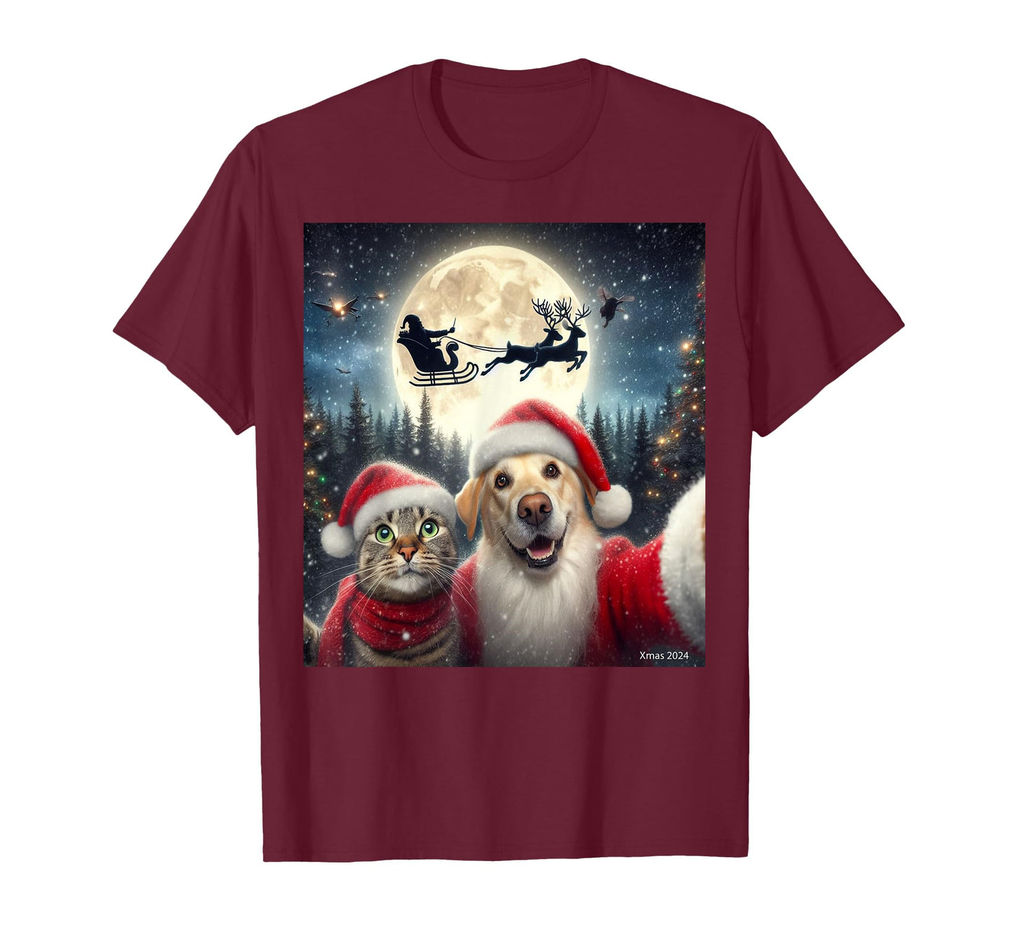 Funny cat and dog selfie with Santa Claus Christmas xmas eve T-Shirt for Men Women Kids