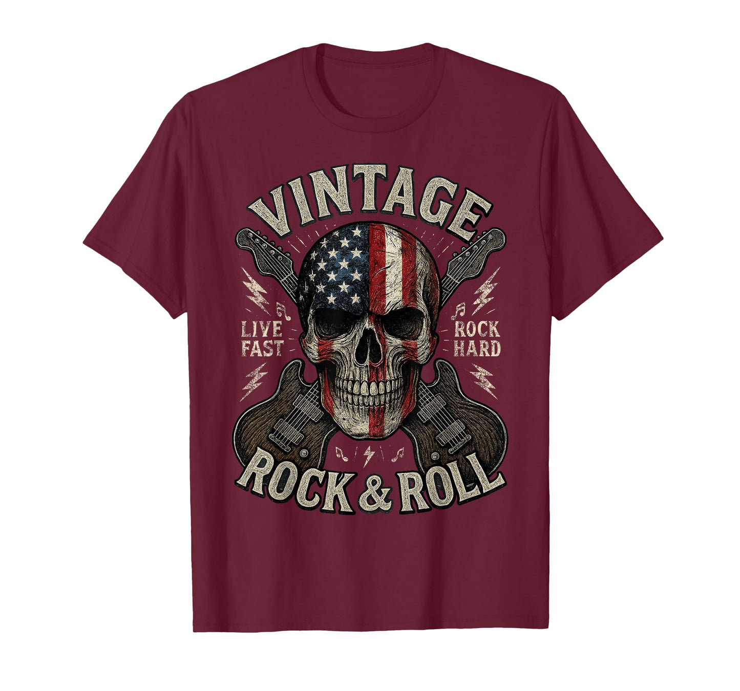 Vintage Rock Skull American Flag Guitar Retro Rock and Roll T-Shirt