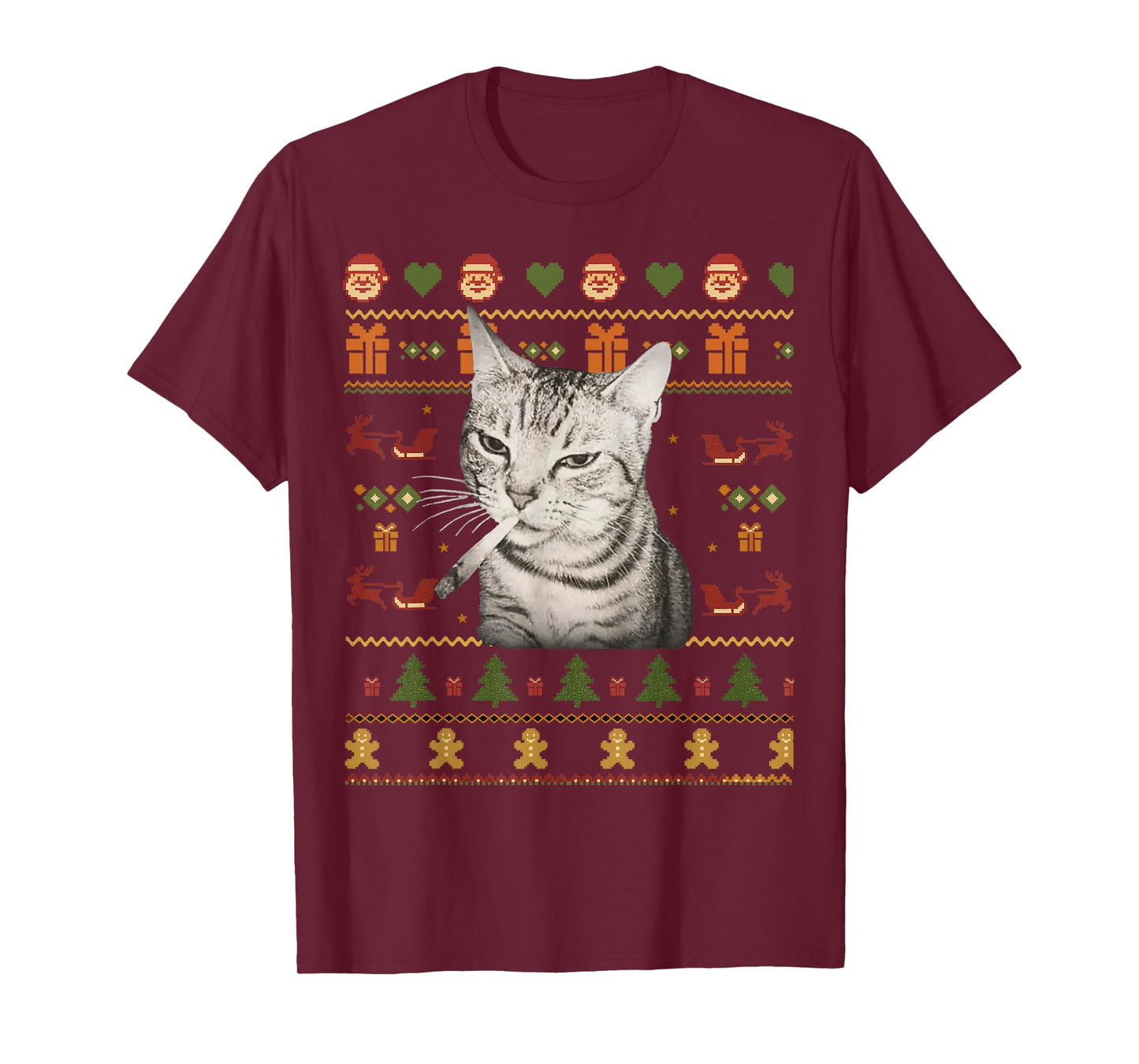Funny Smoking Cat Meme Christmas Ugly Sweaters for Men T-Shirt