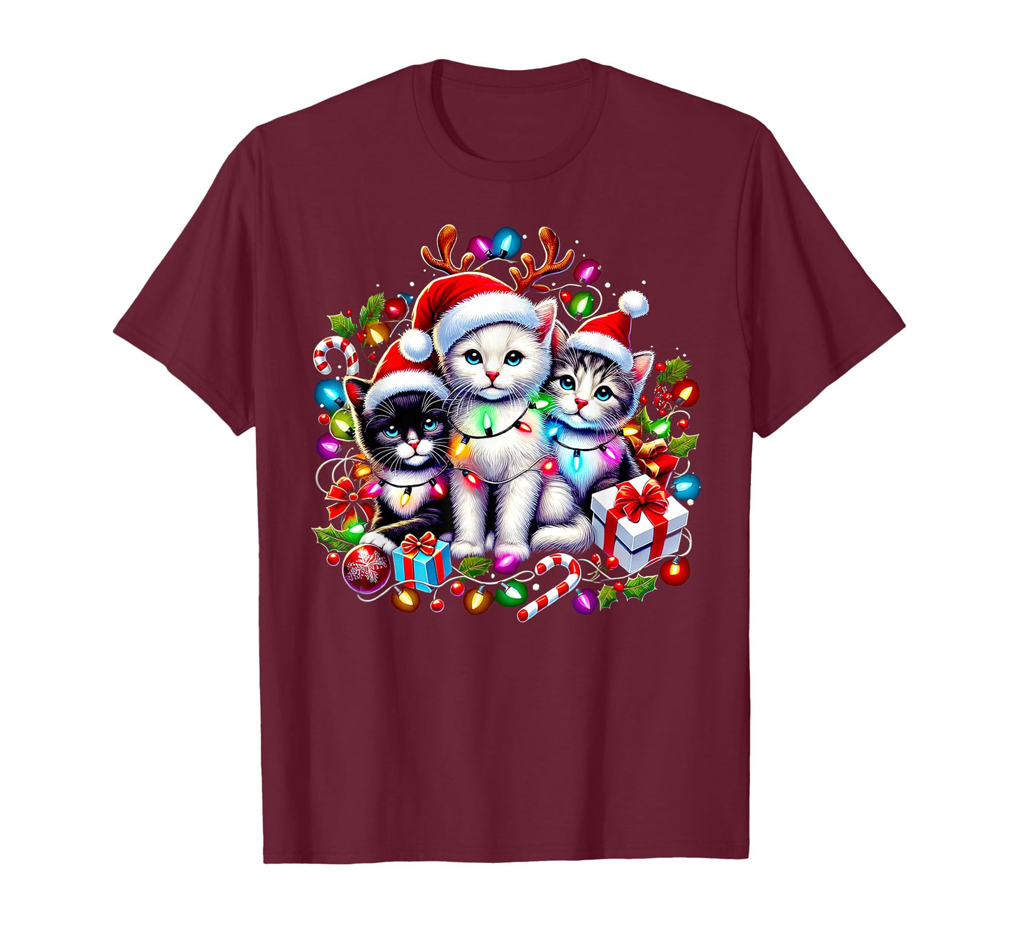 Cute Kittens Christmas Cheer Santa Hats Lights Cats Kittys T-Shirt