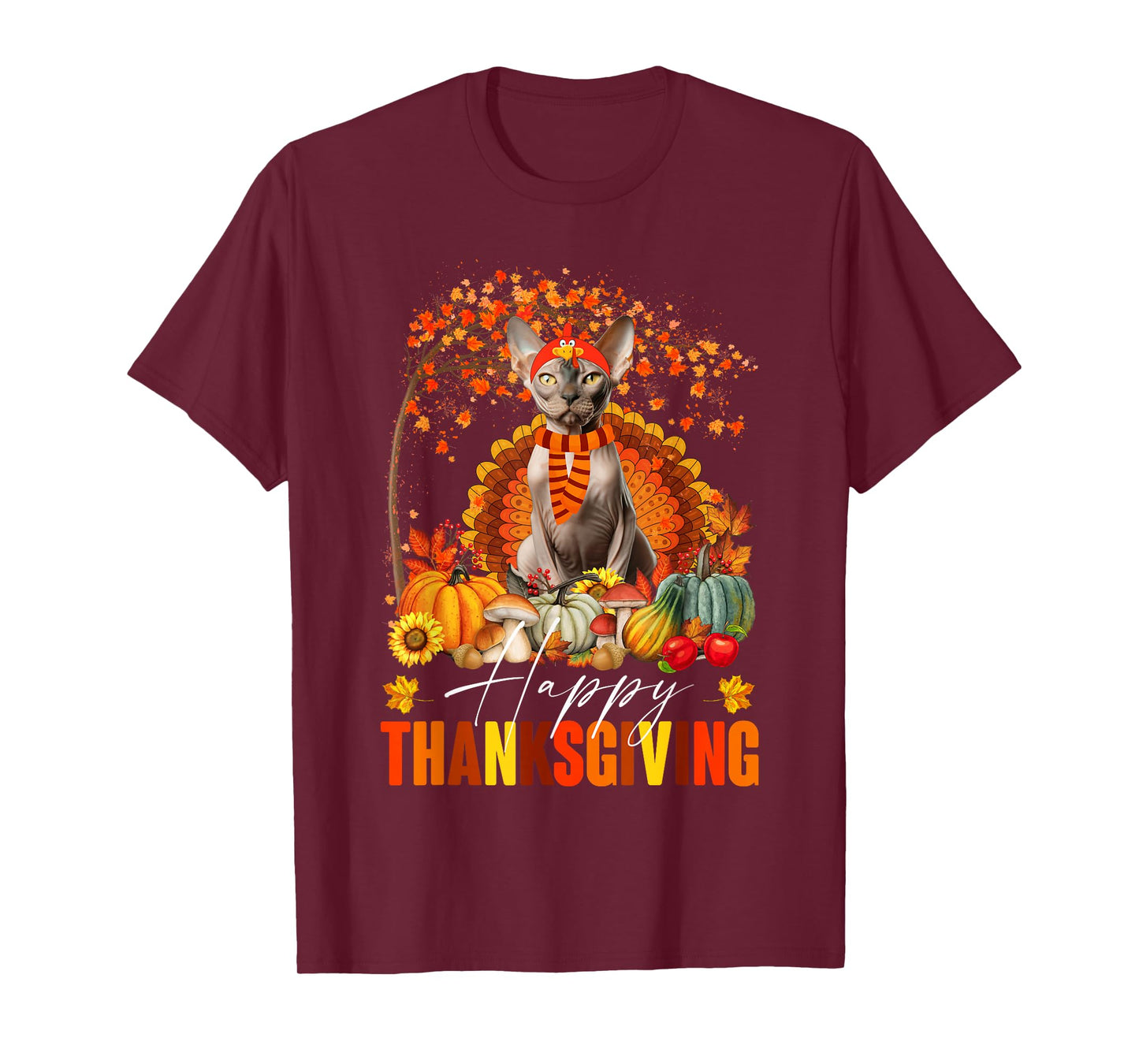 Funny Sphynx Cat In Turkey Costume Happy Thanksgiving Day T-Shirt