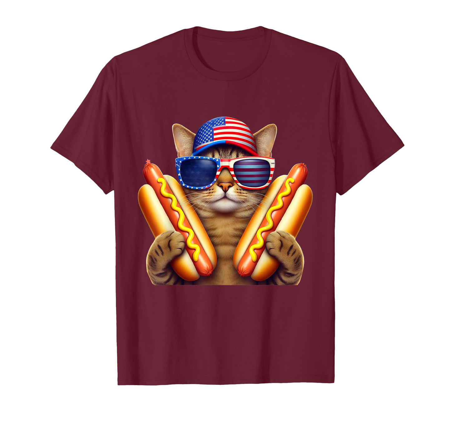 4th of July Hotdog Cat Funny Patriotic Cat USA Flag Wiener T-Shirt