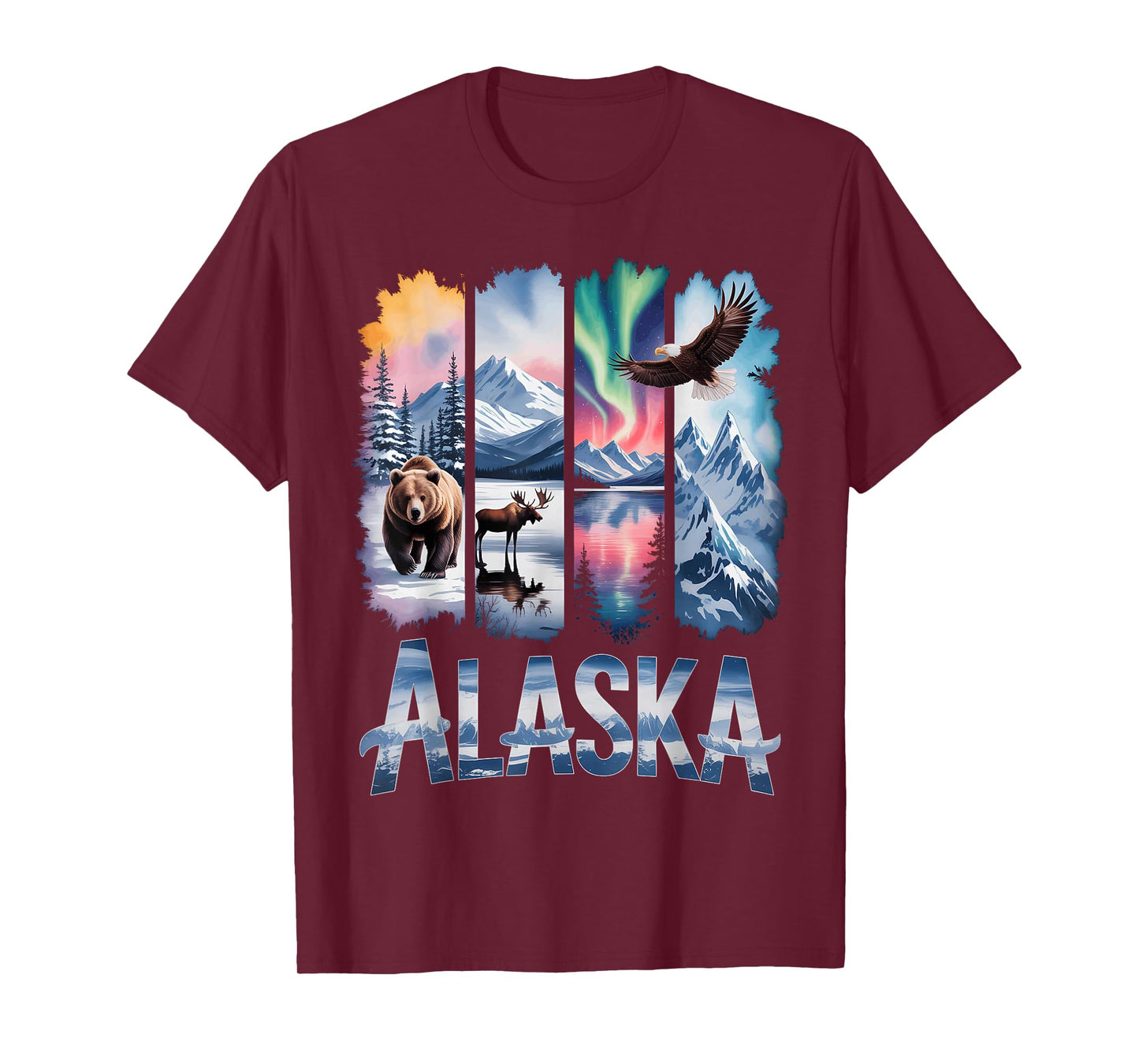 Alaskan Bear Moose Eagle Lake and Mountain Aurora Borealis T-Shirt