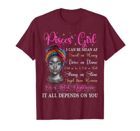 Pisces Girl Black Queen Zodiac Birthday Afro Woman T-Shirt
