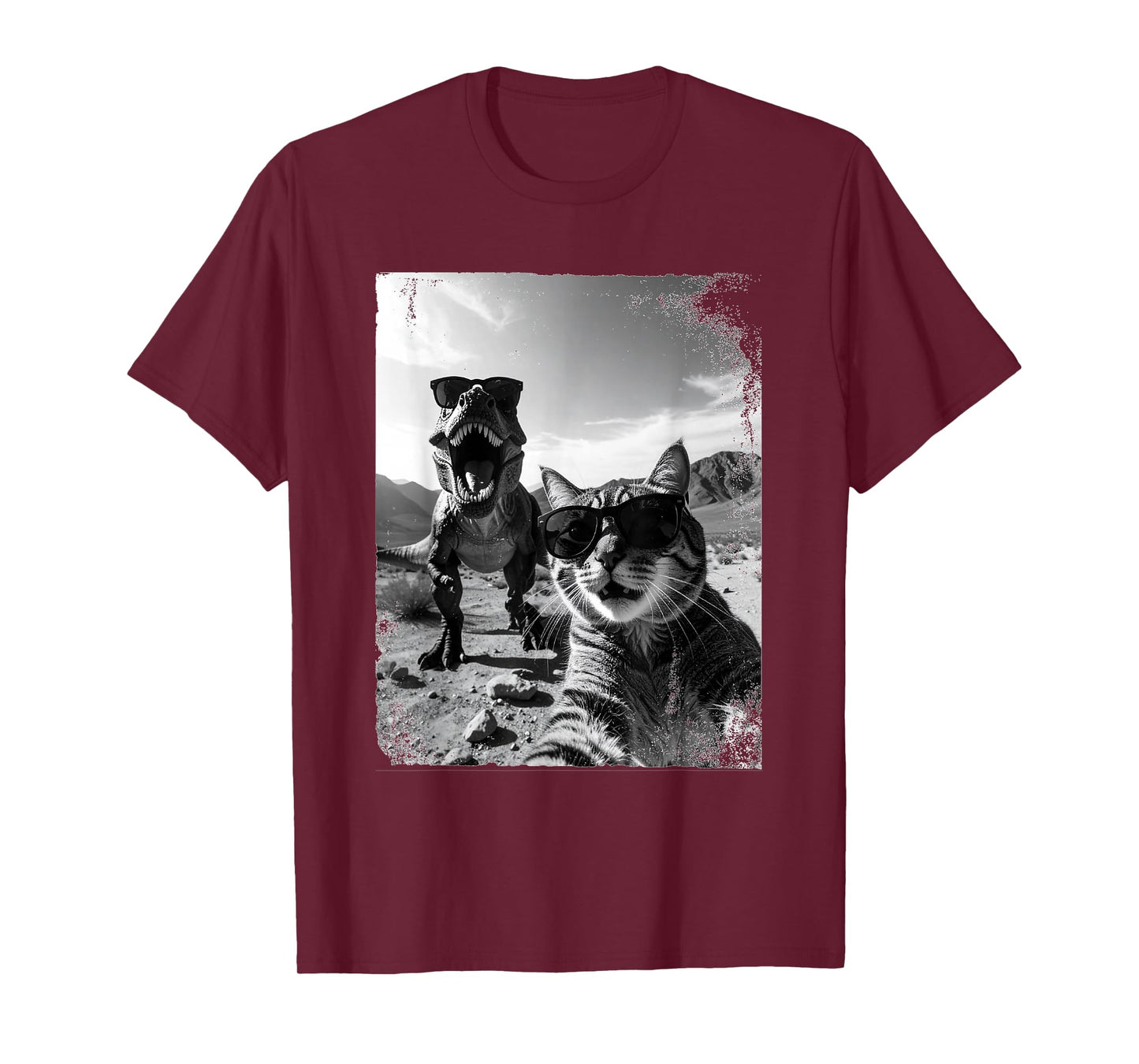 Funny Cat and T-Rex Wearing Sunglasses Selfie Humor T-Shirt