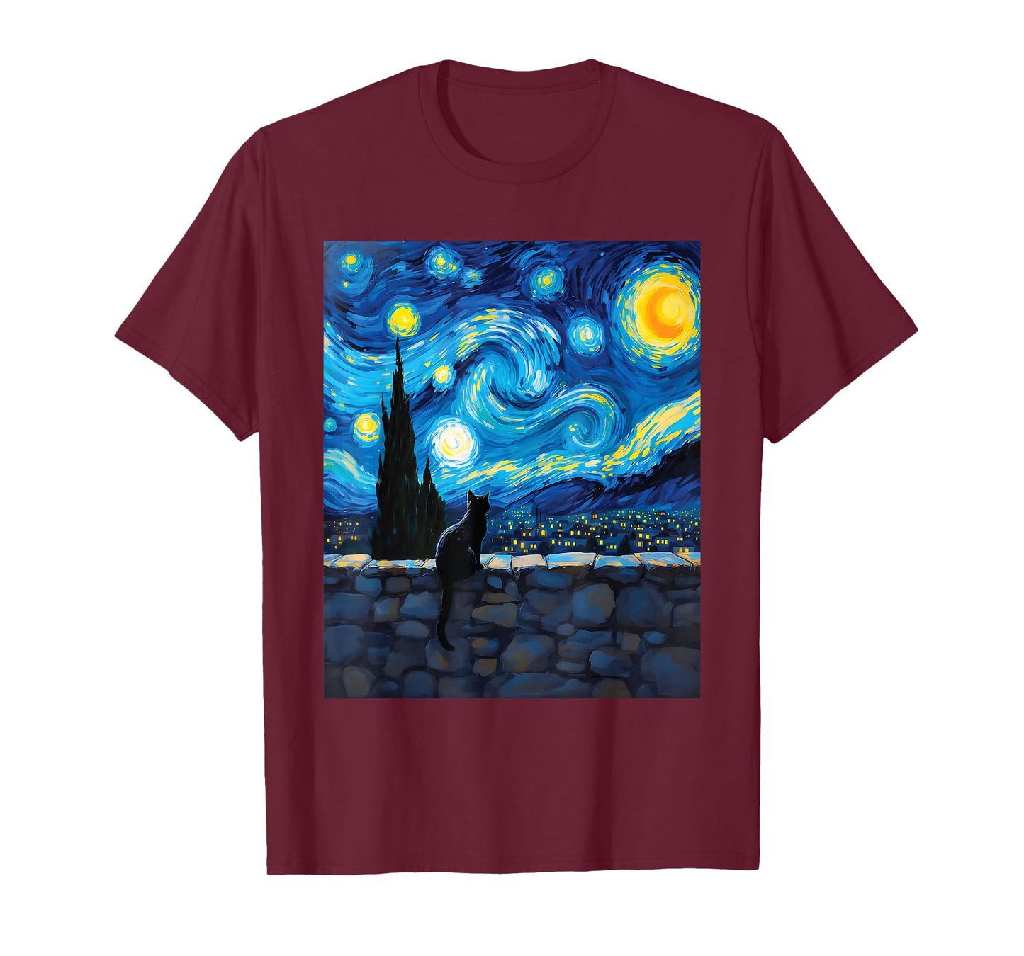 Charming Black Cat Stone Wall Van Gogh Art Style Cat Lovers T-Shirt