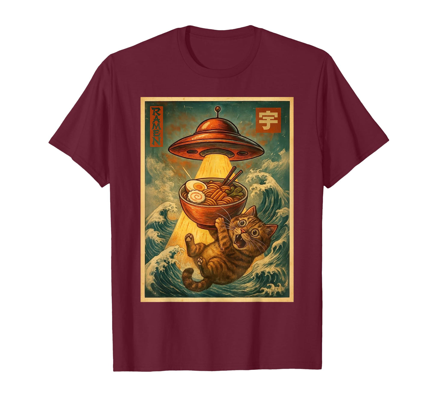 Cat Ramen UFO Funny Men Women Teens Kids Japanese Anime T-Shirt