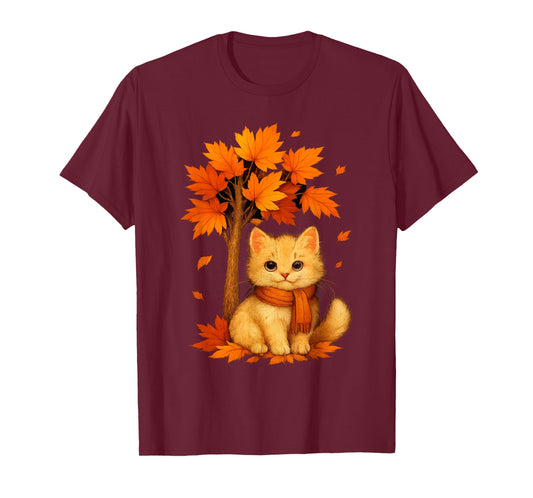 Cute Fall Cat Hello Autumn Leaves Tree Thanksgiving T-Shirt