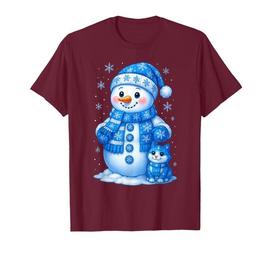 Cute Snowman and Cat Christmas Winter Snowflake Holiday T-Shirt
