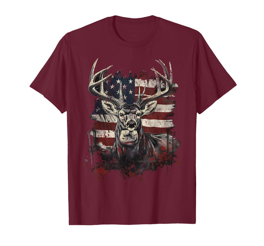 Buck White Tail Deer Hunting Hunter Distressed American Flag T-Shirt
