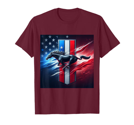 Galloping Mustang on Tri-Bar & Flag Background T-Shirt