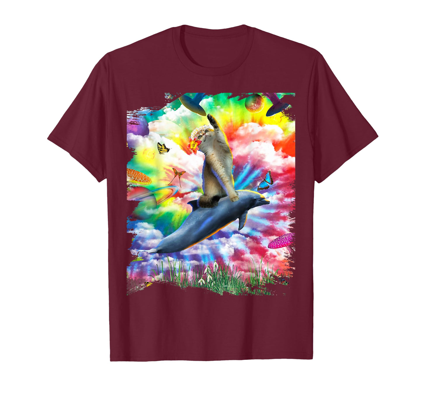 Cat Riding Dolphin Trippy Tie Dye T-Shirt