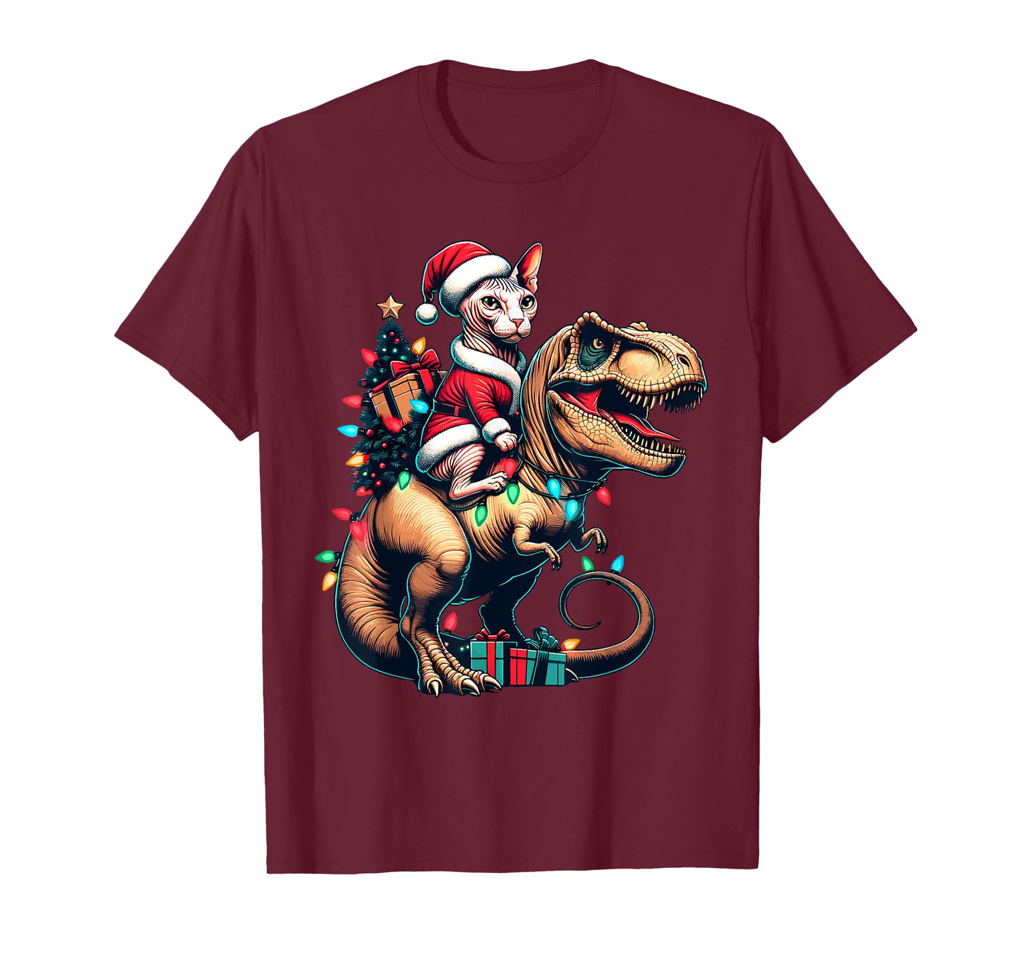 Funny Sphynx Cat Rides Santa T-Rex Vintage Christmas Sphynx T-Shirt for Men Women Kids