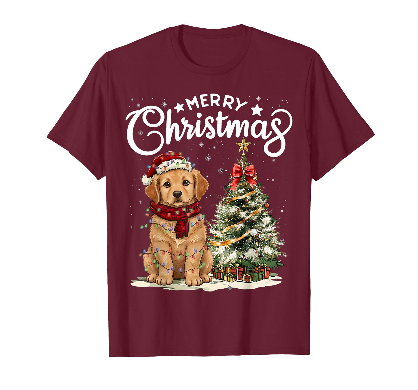 Golden Retriever Merry Christmas Dog Santa Hat Tree Lights T-Shirt