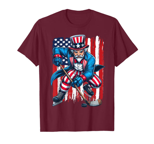 Uncle Sam Hockey Player 4th of July American Flag T-Shirt