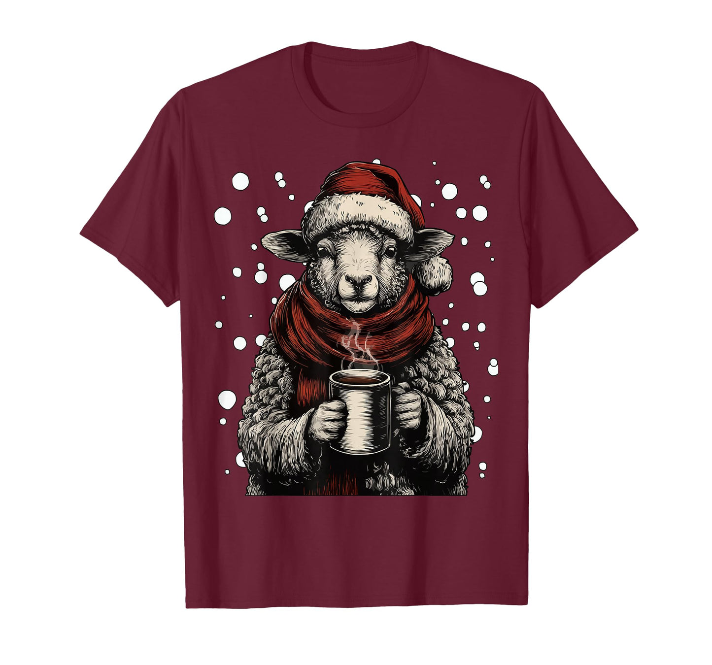 Cute Christmas Sheep Santa Hat Coffee Lover Funny Winter T-Shirt