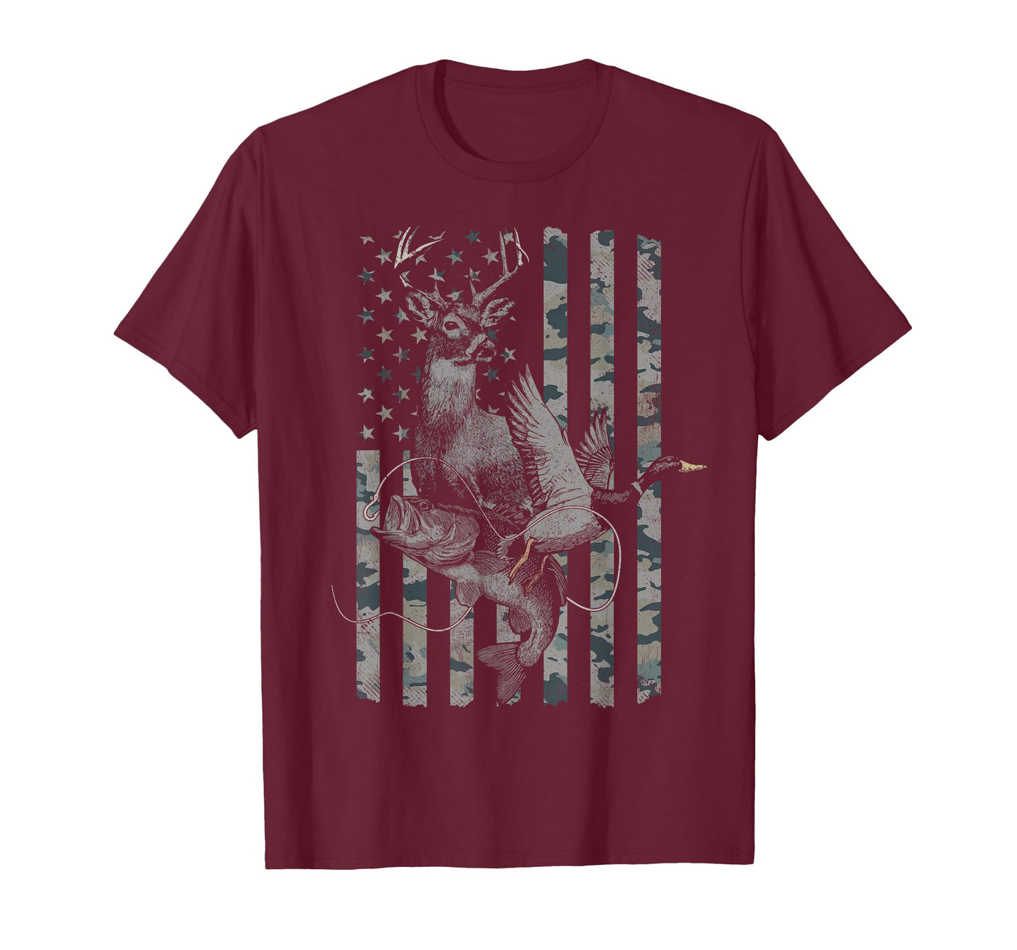 Hunting and Fishing Distressed Camo American Flag T-Shirt