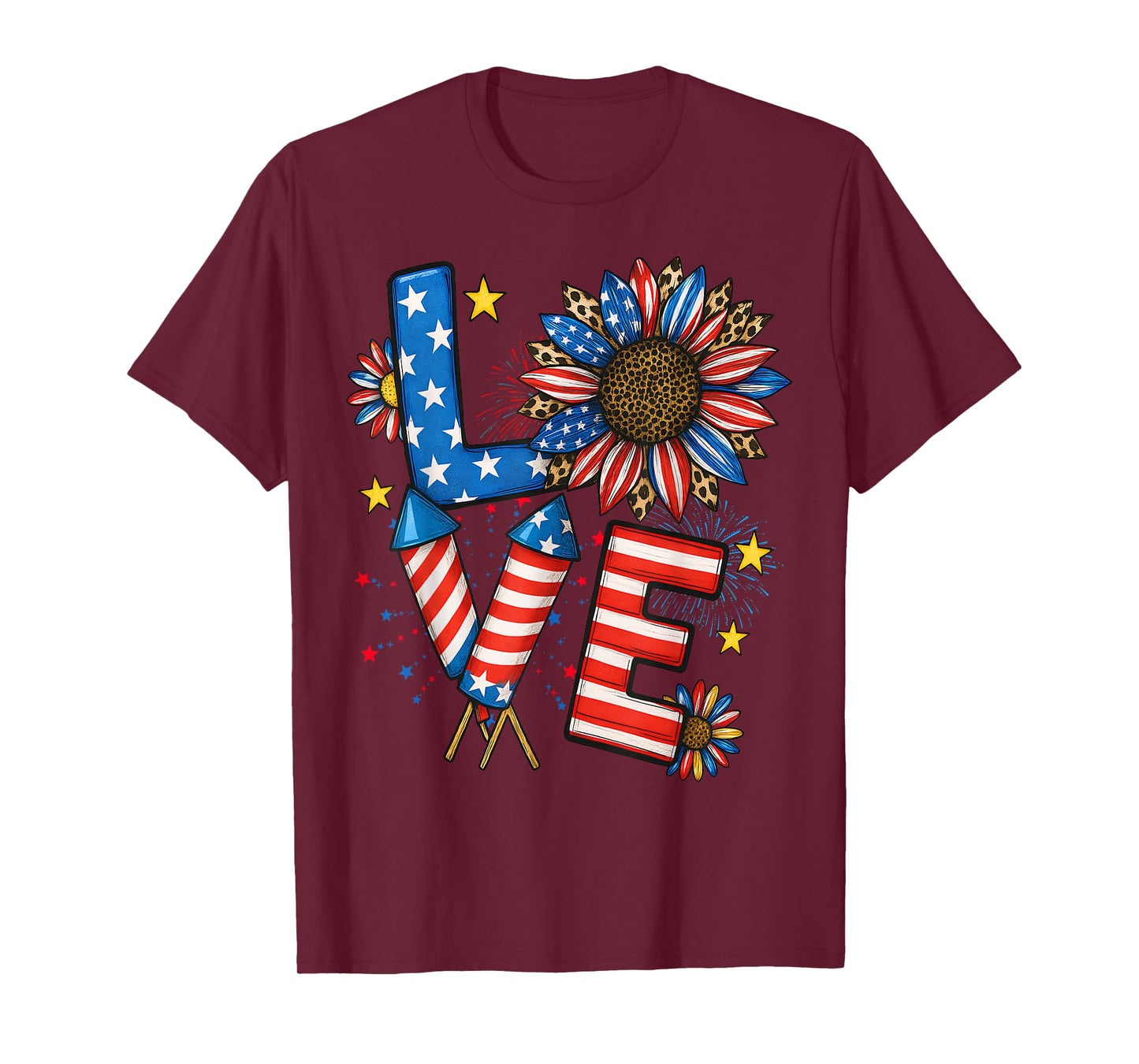 Patriotic LOVE 4th Of July American Flag Floral Fireworks T-Shirt