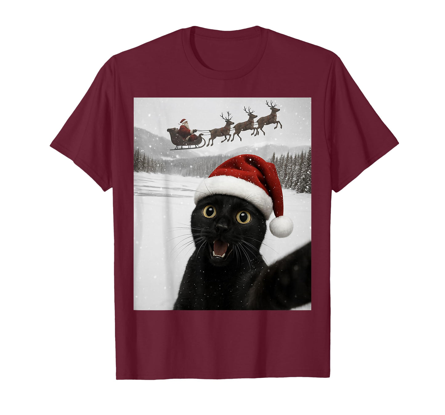 Cat Selfie with Santa Funny Black Cat Christmas Mens Womens T-Shirt