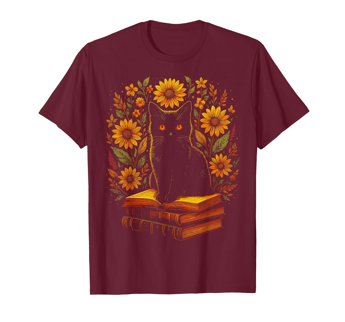 Vintage Black Cat Sunflower Books Reading T-Shirt