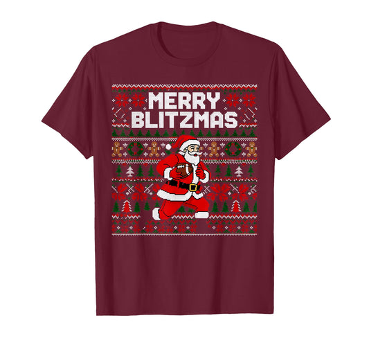Christmas Merry Blitzmas Santa Football Ugly Sweater Style T-Shirt