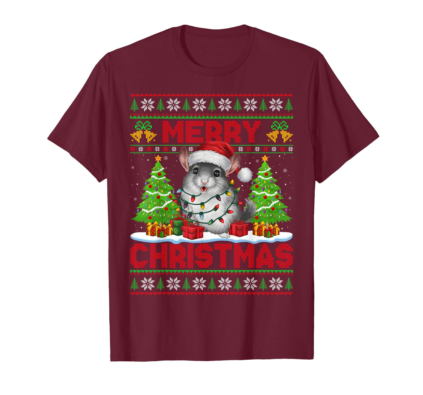 Chinchilla Ugly Christmas Sweaters Santa Hat Lights Xmas T-Shirt