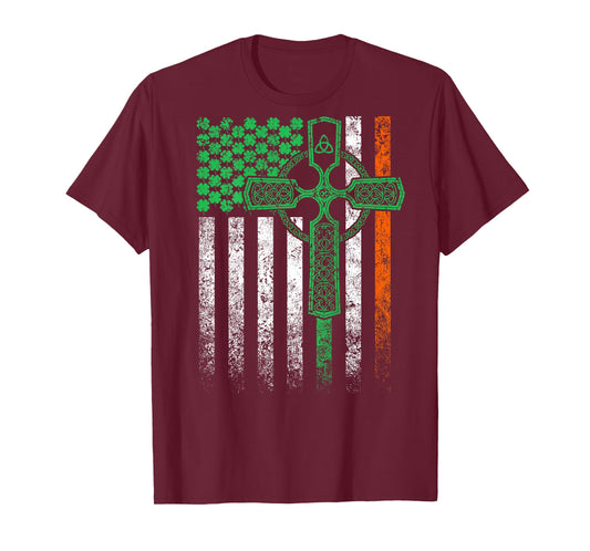 Celtic Cross Irish American Flag St. Patrick's Day on back T-Shirt