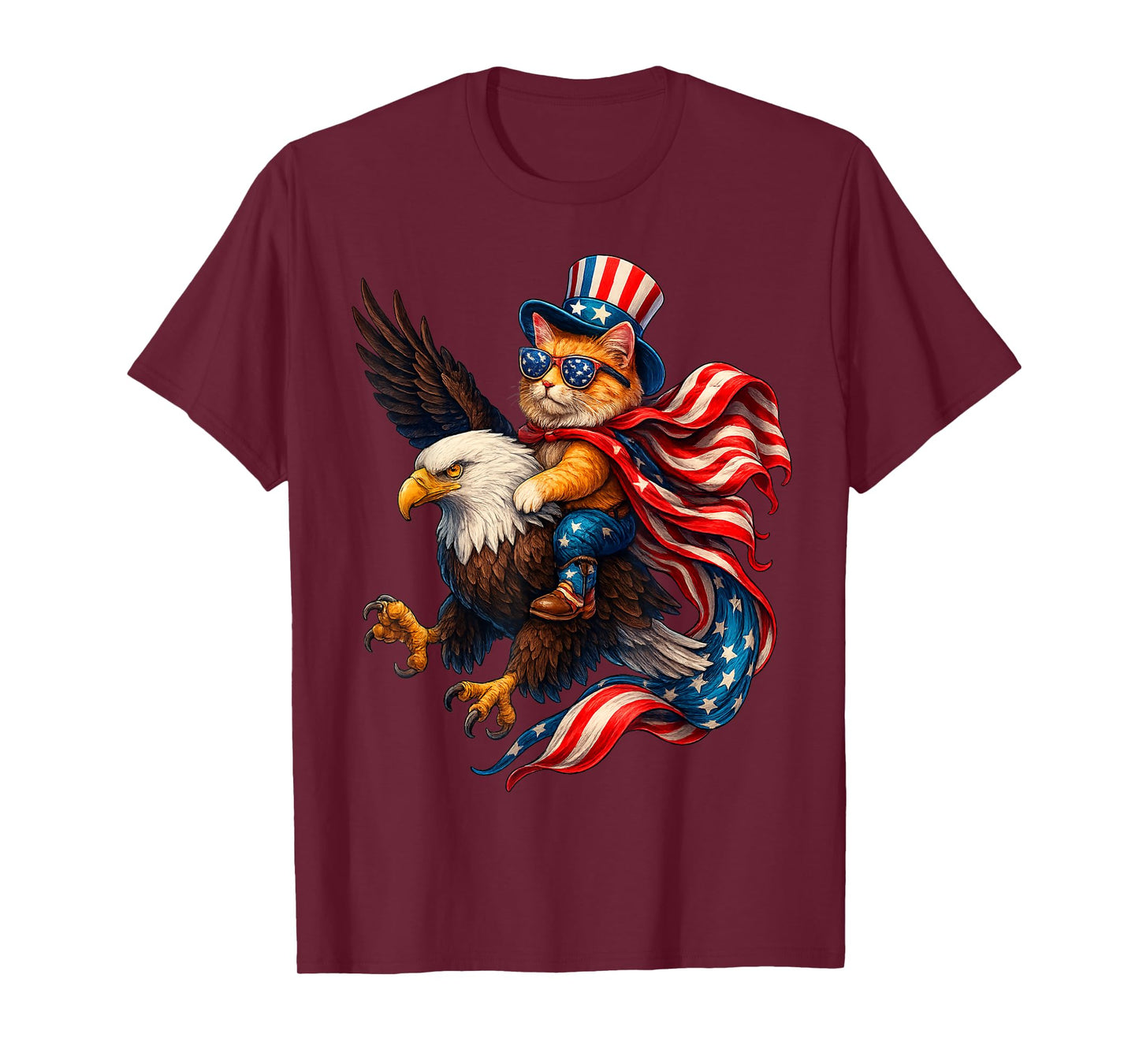 Patriotic Cat Riding Eagle Funny 4th of July American Flag T-Shirt