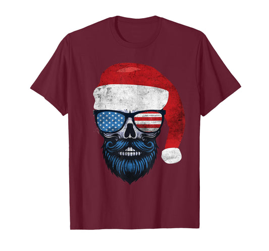 Hipster Santa US Flag Bearded Skull Sunglasses Patriotic T-Shirt