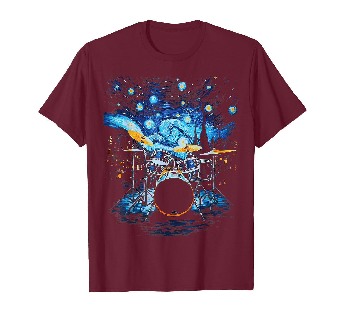 Van Gogh Starry Night Drummer Artistic Drum Set Music Lovers T-Shirt