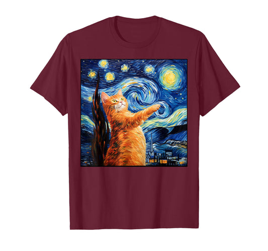 Art Van Gogh Starry Night Cat Painting Cats Lover Mom Dad T-Shirt