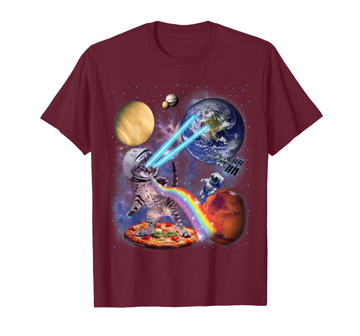Funny Cat Flying A Pizza Astronaut in Space Galaxy Cat T-Shirt