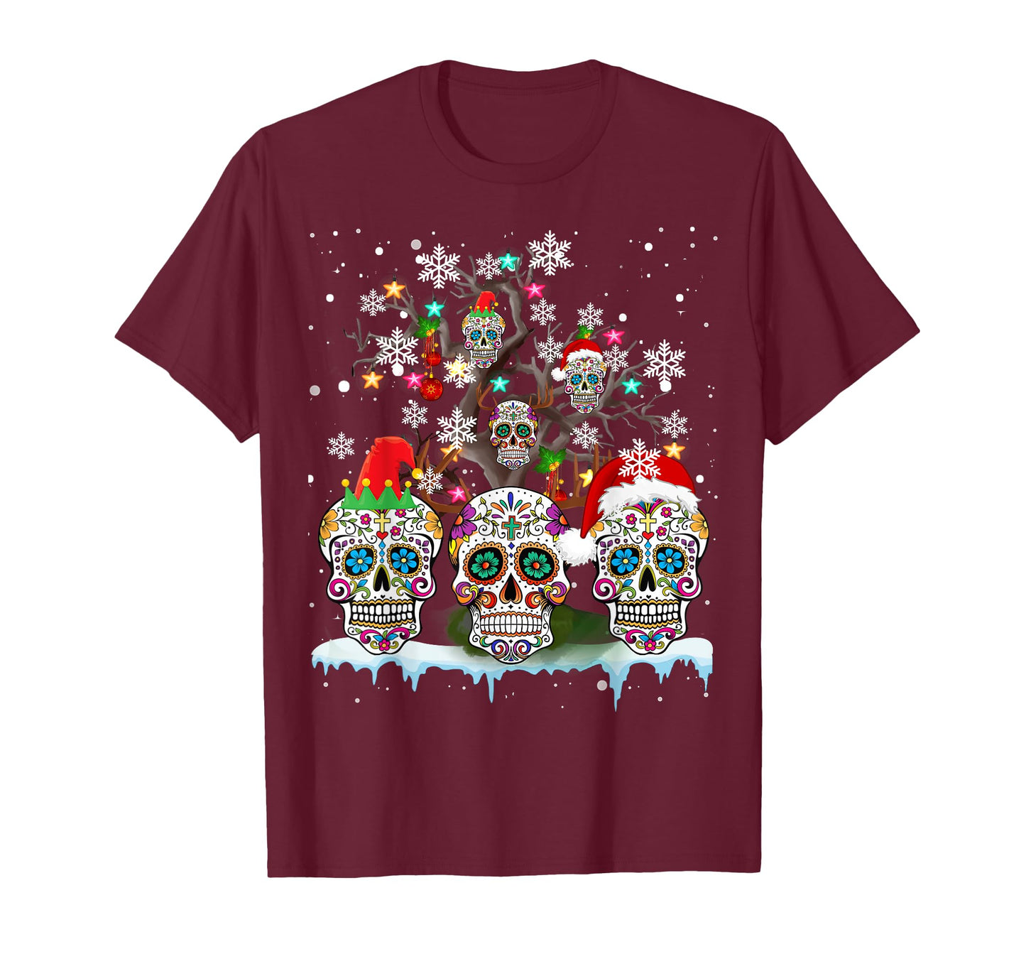 Christmas Sugar Skull On Tree Funny Santa Sugar Skull Gifts T-Shirt