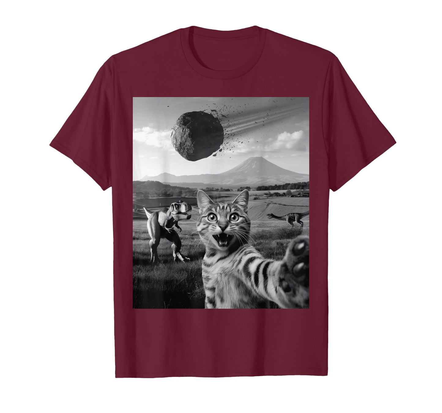 Funny Cat Selfie Dinosaur Meteor Asteroid Curious T-Rex T-Shirt