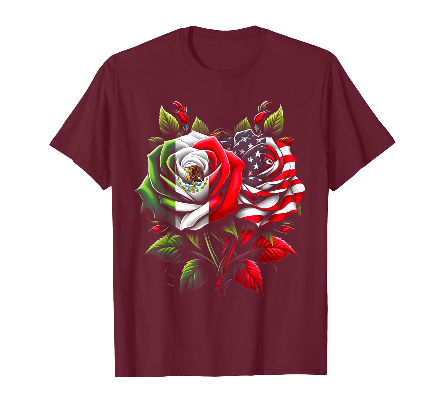 Mexico Mexican Roots Mexican Flag American Flag Rose Flower T-Shirt