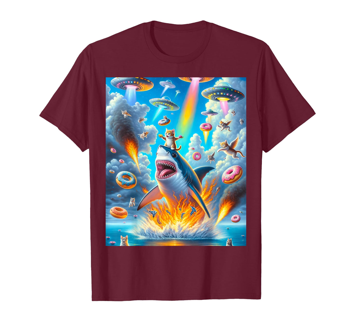 Cat Kitty Riding Fire Breathing Shark Rainbow Laser Taco T-Shirt