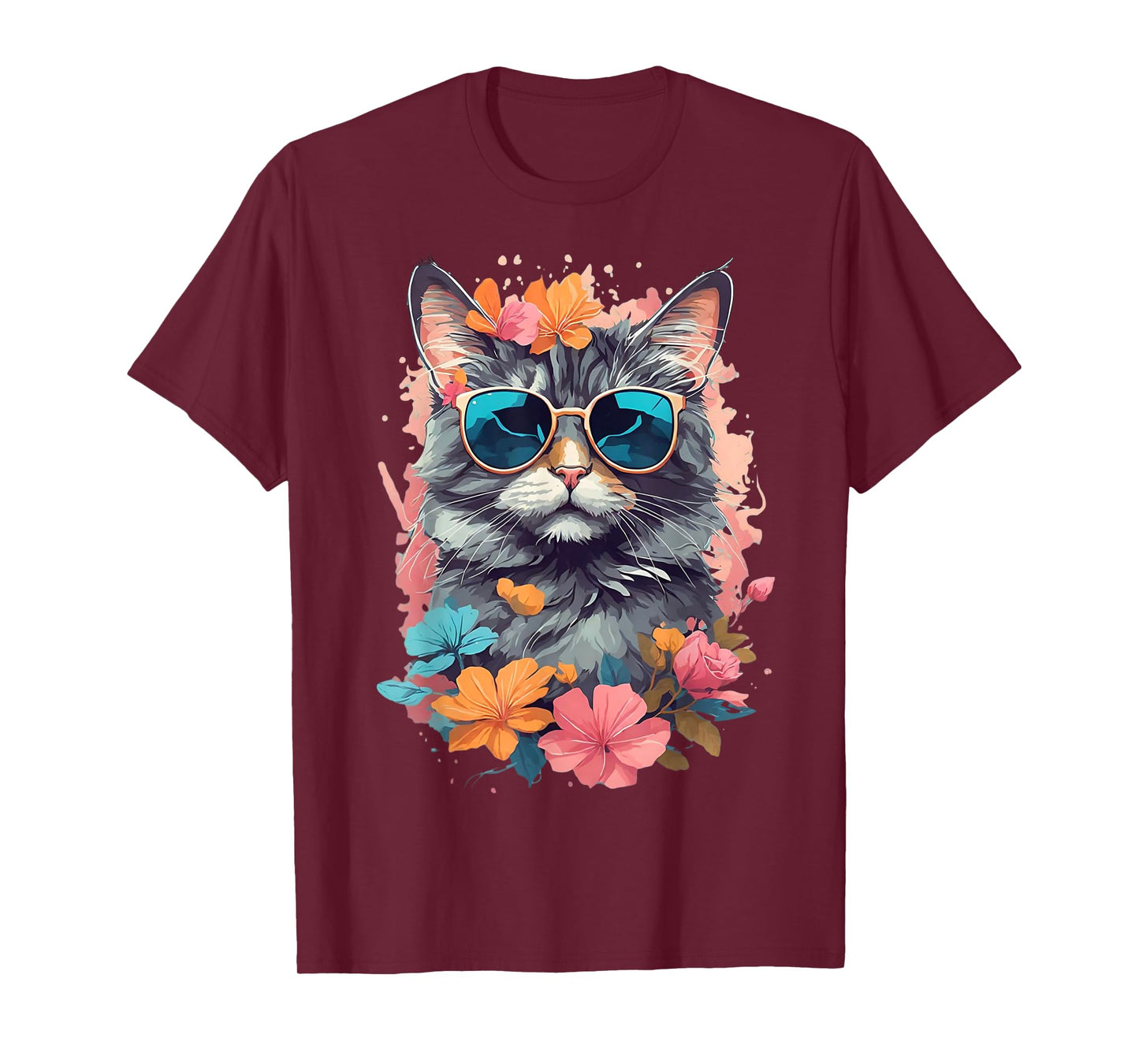 Sunglasses Tabby Cat Shirt for Girls Floral Flowers Graphic T-Shirt