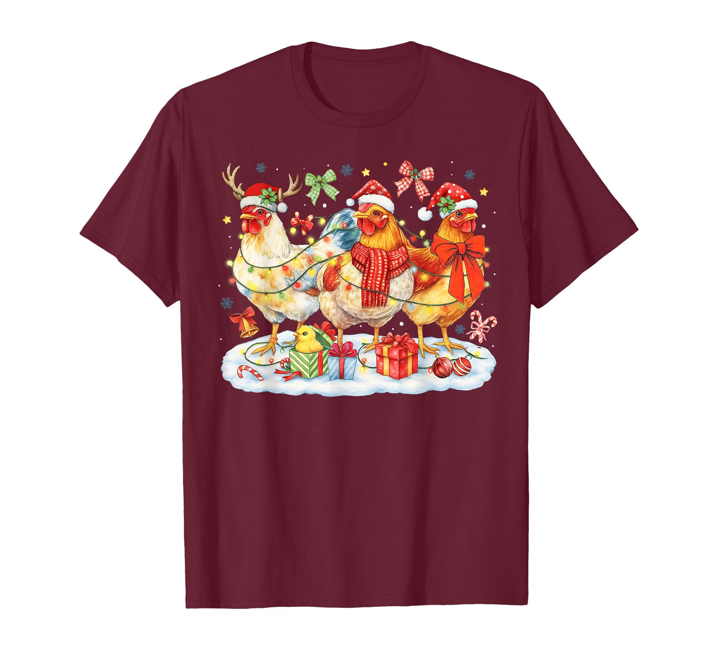 Chicken Christmas Lights Santa Hats Reindeer Funny Holiday T-Shirt
