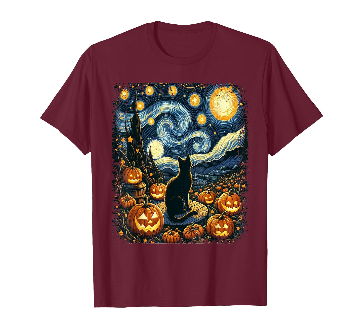 Halloween Van Gogh Starry Night Black Cat Pumpkins Men Women Kids T-Shirt