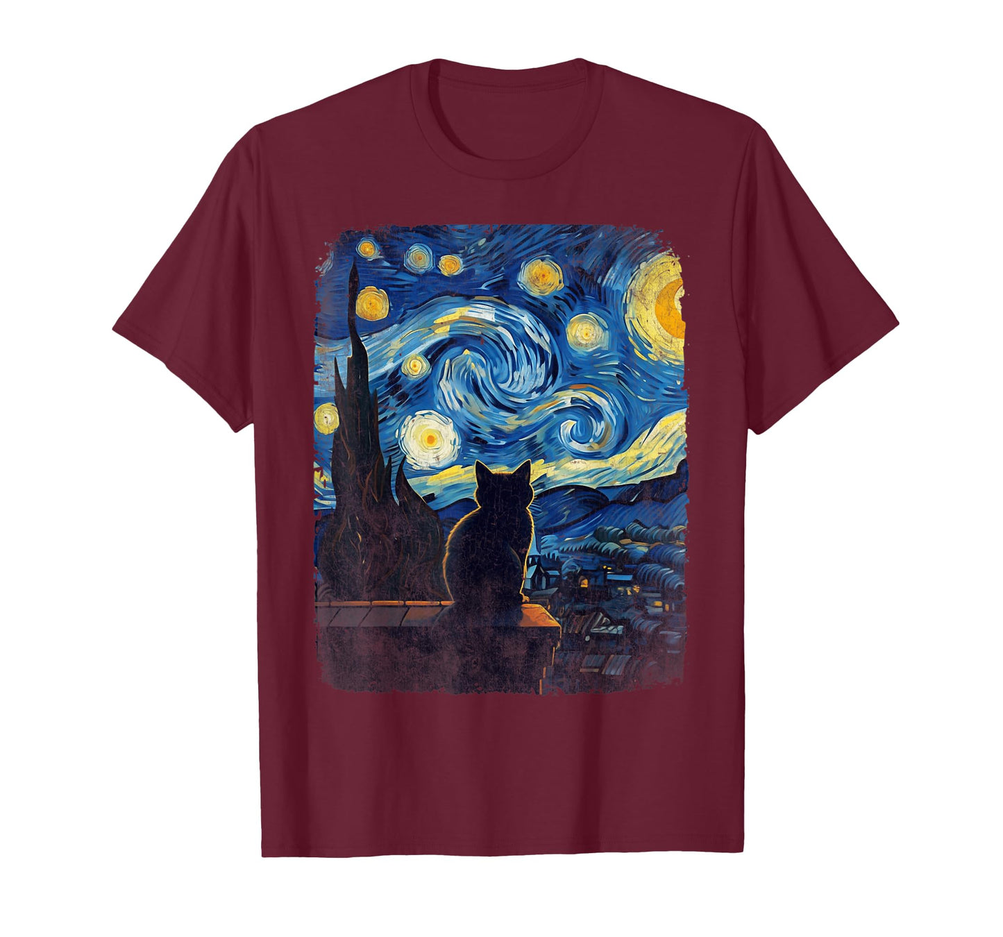 Cat Gifts for Cat Mom Dad Womens Starry Night Van Gogh Cat T-Shirt