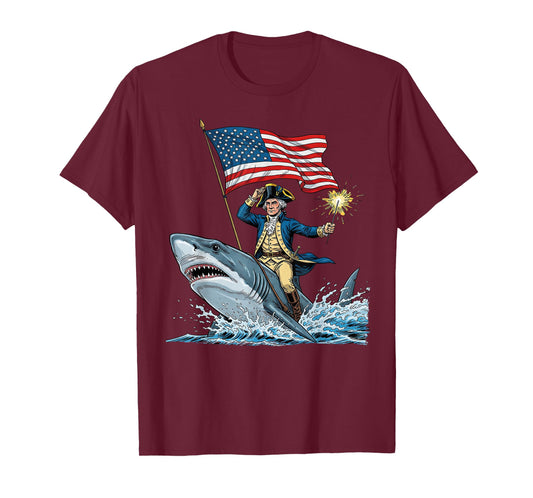 George Washington Riding Shark Funny July 4th American Flag T-Shirt