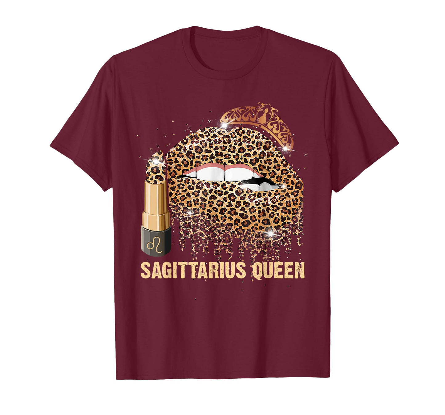 Womens Sagittarius Queen Leopard Lips Zodiac Sign Birthday T-Shirt