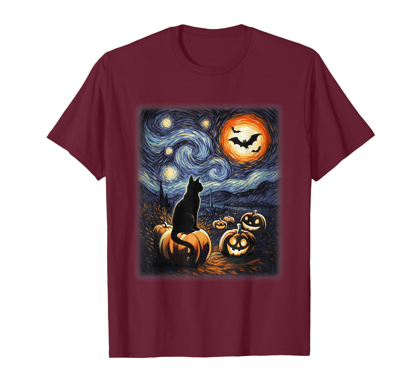Halloween Black Cat Van Gogh Starry Night Lovers Cats T-Shirt