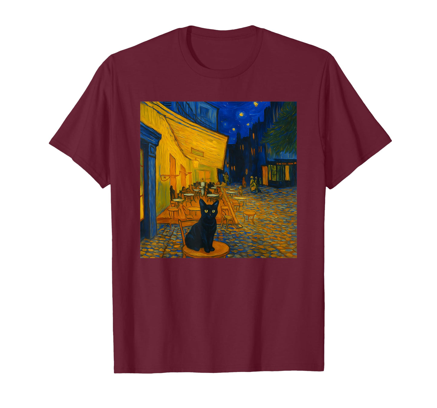 Cafe Terrace At Night With Cat Funny Famous Artist Painting Men Women Kids T-Shirt