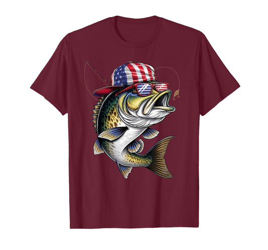Funny Patriotic Fishing Bass Fish American Flag Fisherman T-Shirt