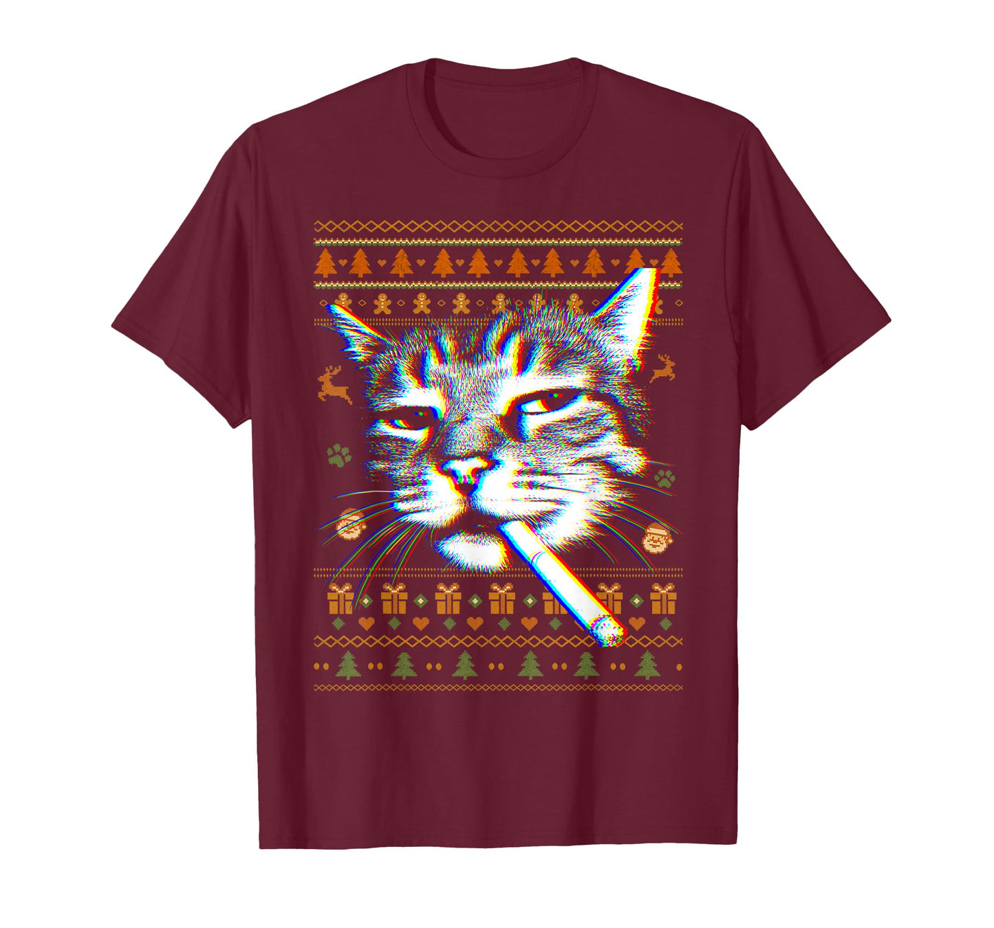 Funny Smoking Cat Meme Ugly Christmas Sweaters Cat Lovers T-Shirt