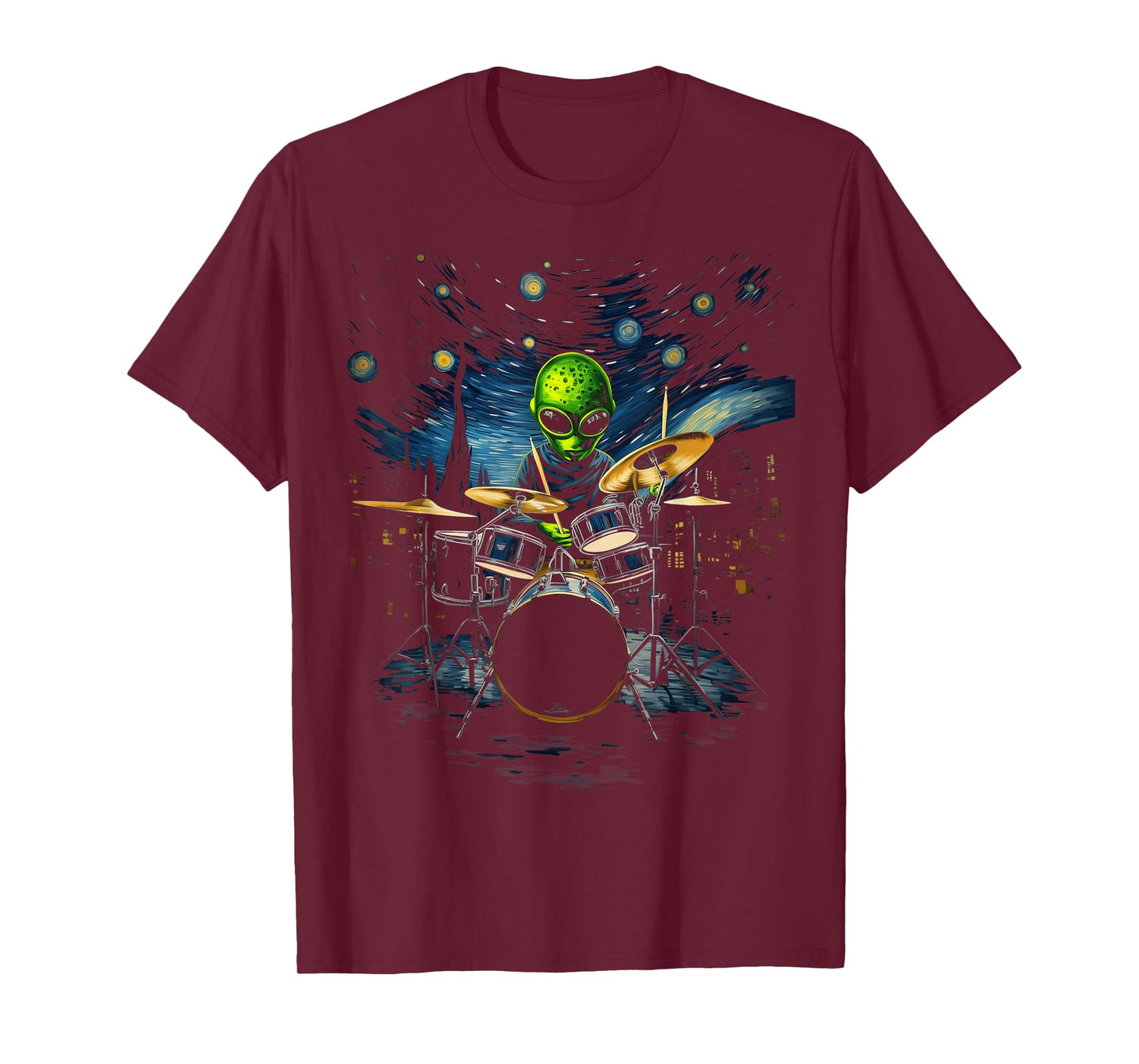 Drum Kit Percussionist Drummer Van Gogh Alien Playing Drums T-Shirt