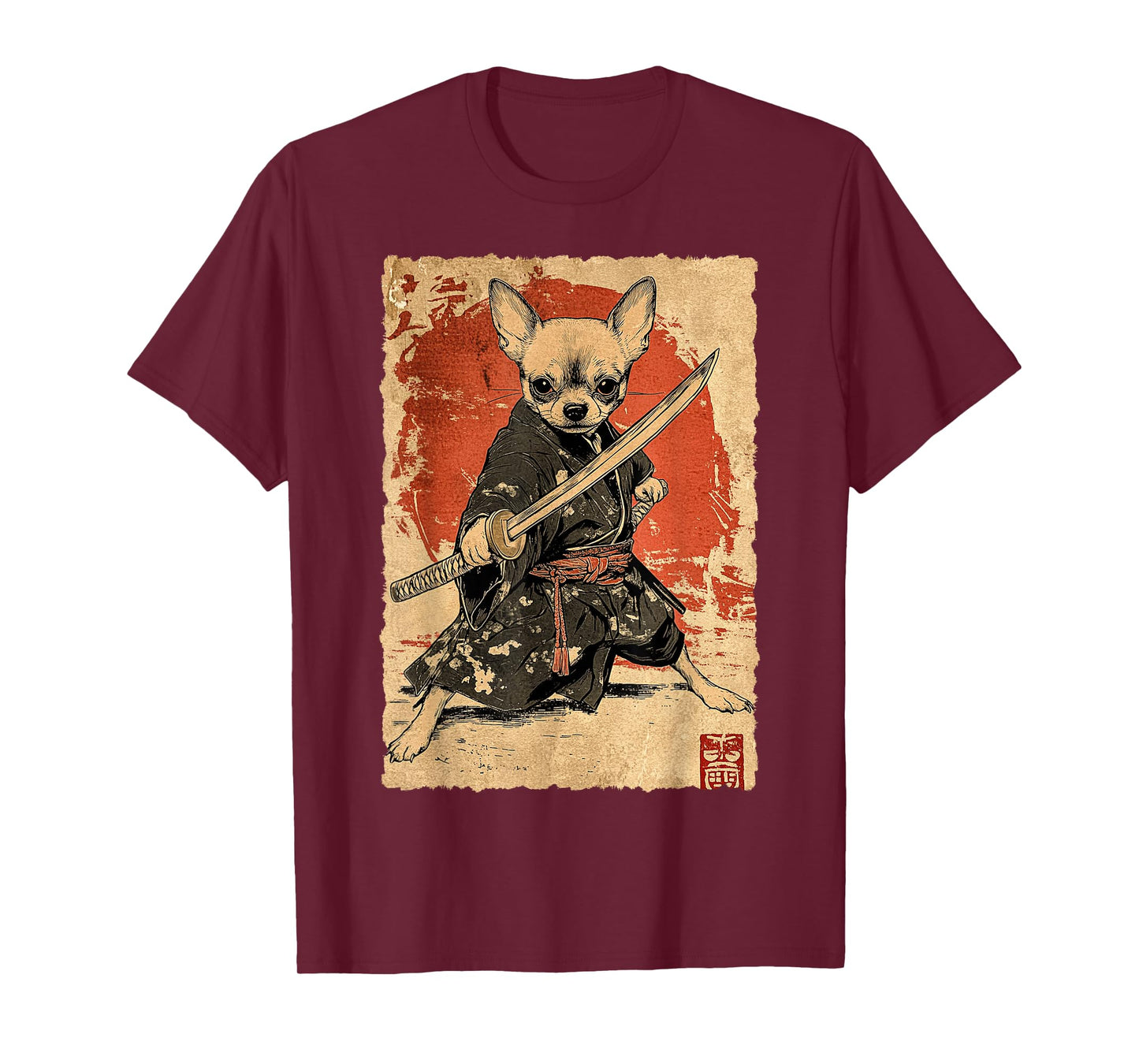 Vintage Japanese Art Chihuahua Ninja Samurai Warrior Katana T-Shirt