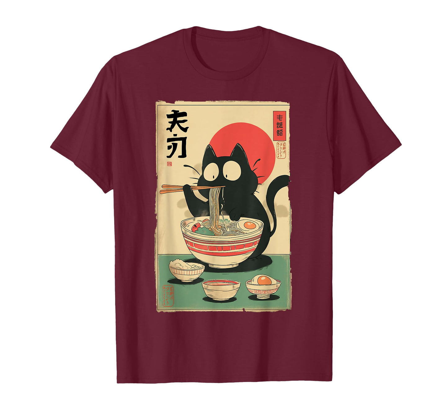 Funny Anime Cat Eating Ramen Japanese Vintage Noodle Art T-Shirt