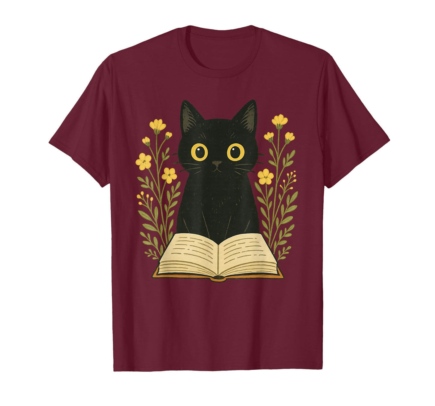 Black Cat Reading Book Flowers T-Shirt